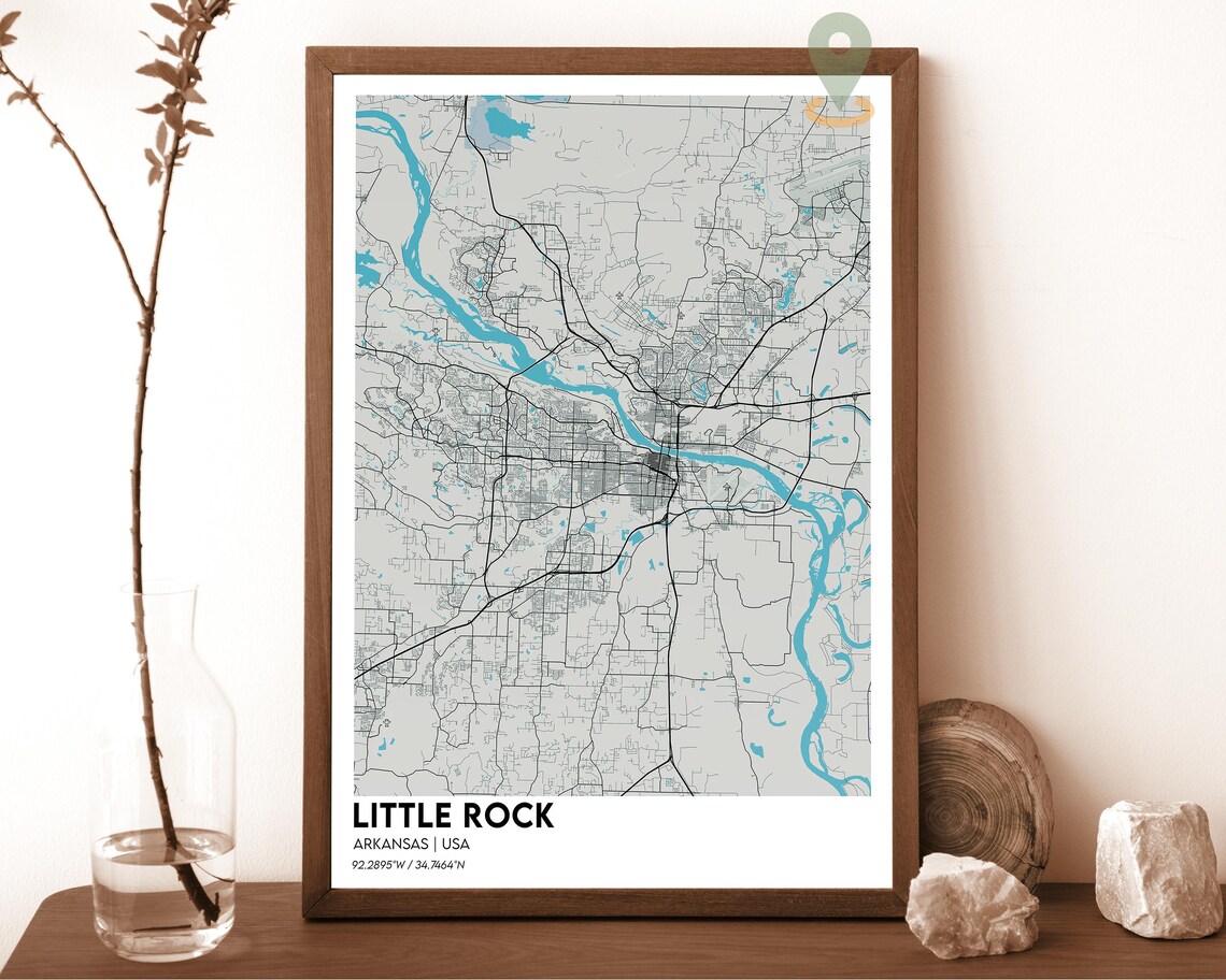 Little Rock Arkansas City Street Map With Teal River Minimalist Poster - Image 2