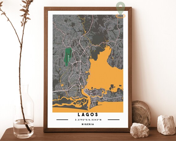 Lagos Nigeria charcoal with bold orange water Street Map Coordinates Poster