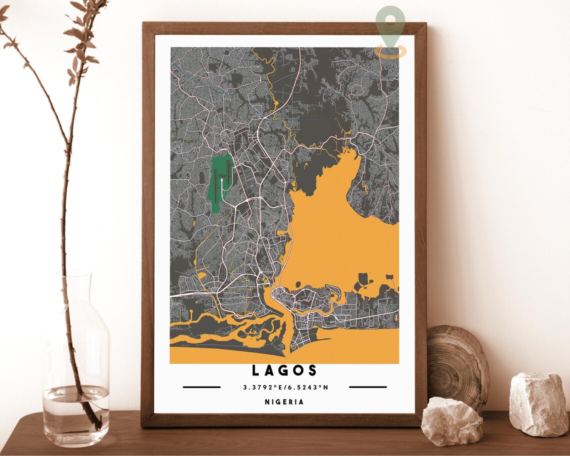 Lagos Nigeria charcoal with bold orange water Street Map Coordinates Poster