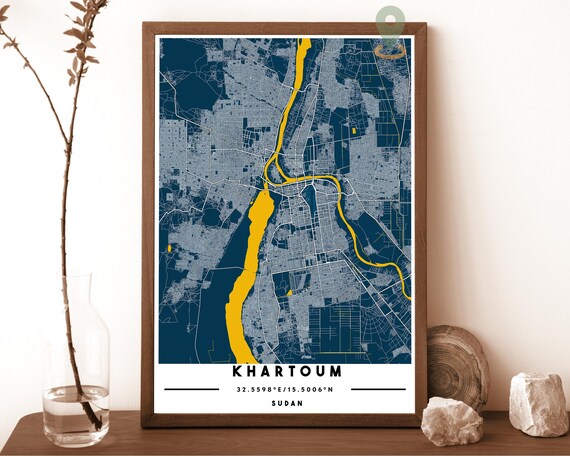 Khartoum Sudan City Street Map Nile Gold Navy Poster Wall Decor