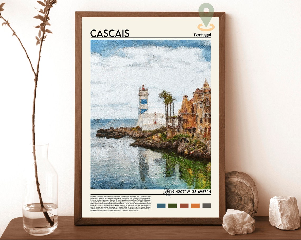 Cascais Portugal Lighthouse Rocky Coast Painted Vintage Travel Poster