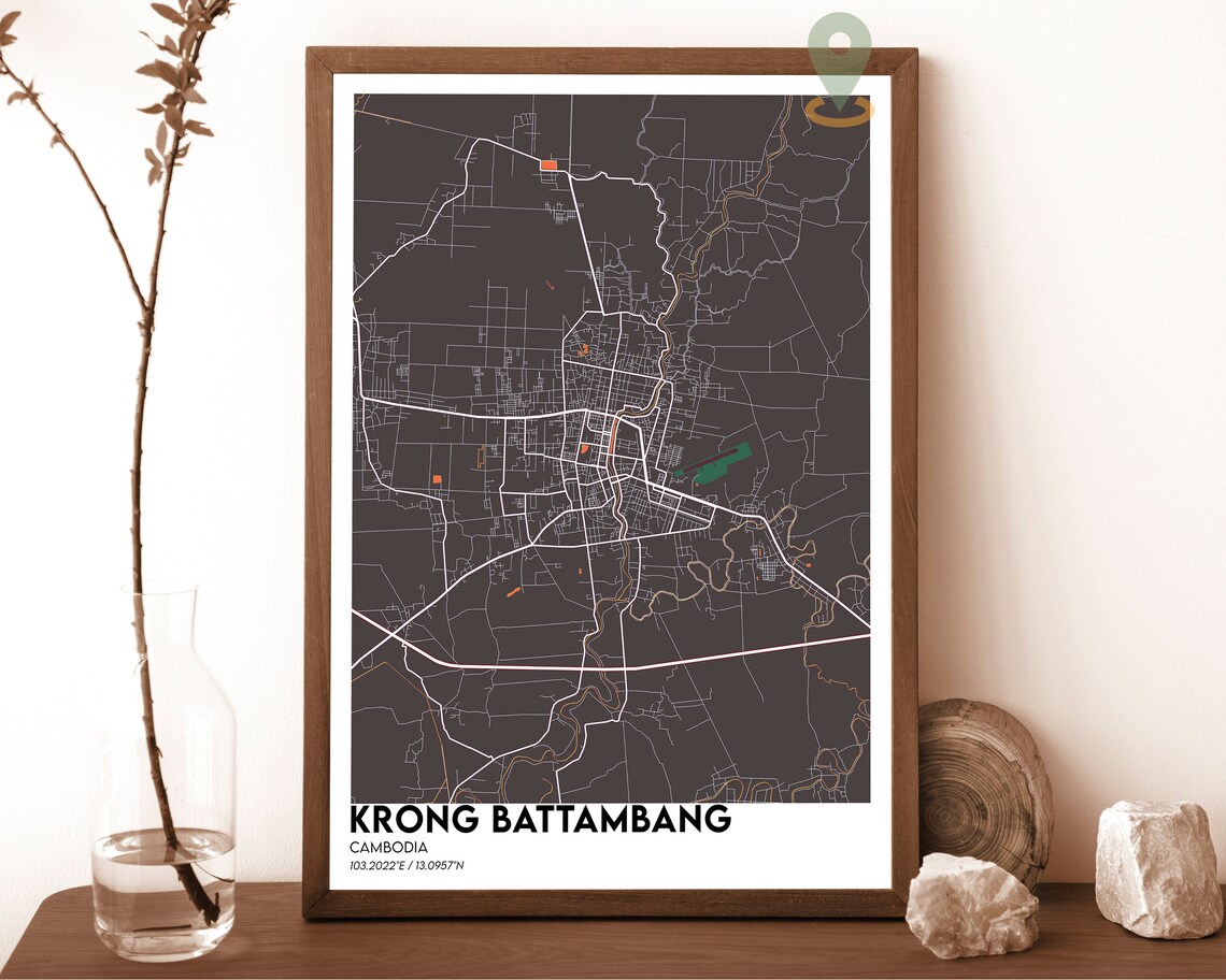 Krong Battambang Cambodia Red Bold Minimalist Street Map Poster - Image 3