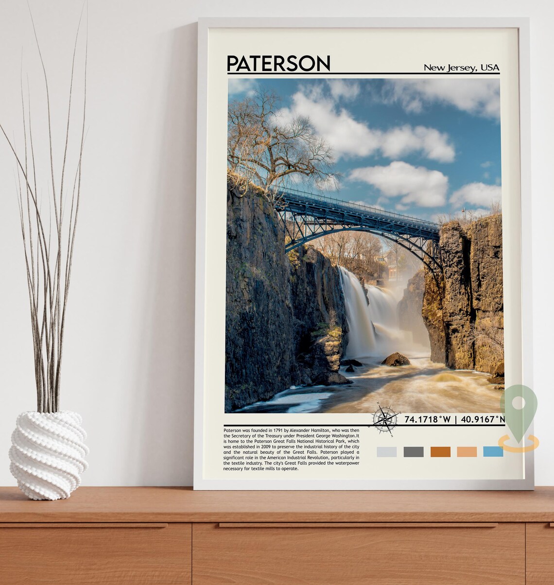 Paterson New Jersey USA Great Falls Waterfall Bridge Scenic Travel Poster - Image 3