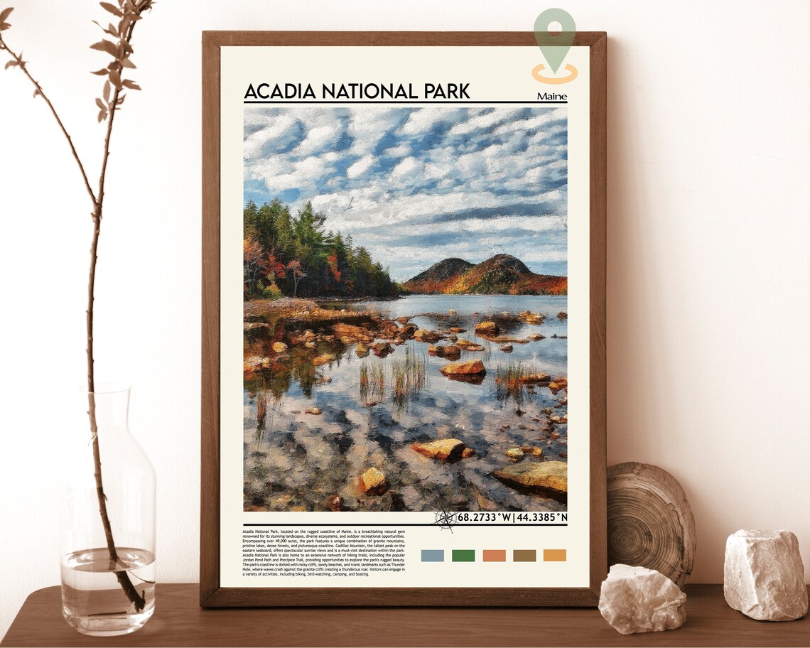 Acadia National Park Maine Scenic Rocky Lake Shore Travel Poster
