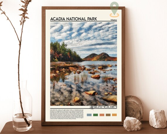 Acadia National Park Maine Scenic Rocky Lake Shore Travel Poster