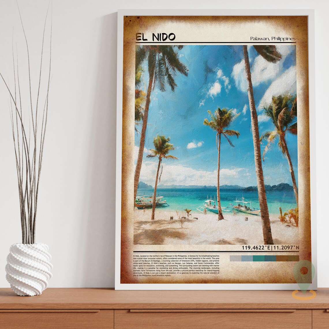 El Nido Palawan Tropical Beach Palm Tree Vintage Travel Poster - Image 3