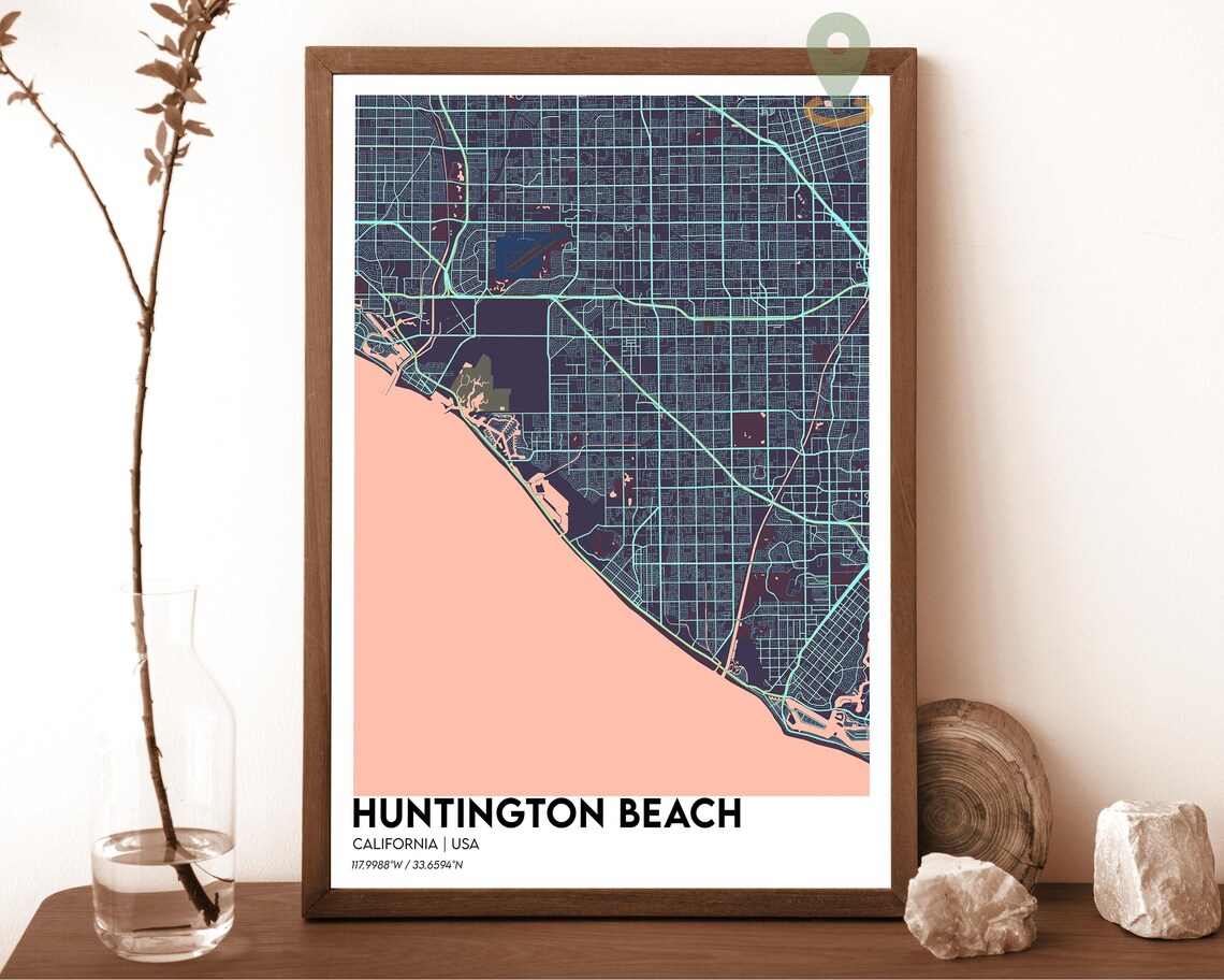Huntington Beach California Modern City Map Coral Peach Poster - Image 3