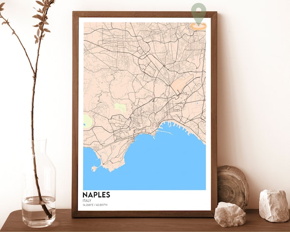 Naples Italy Vintage Pastel Blue Bay Coastal City Map Poster