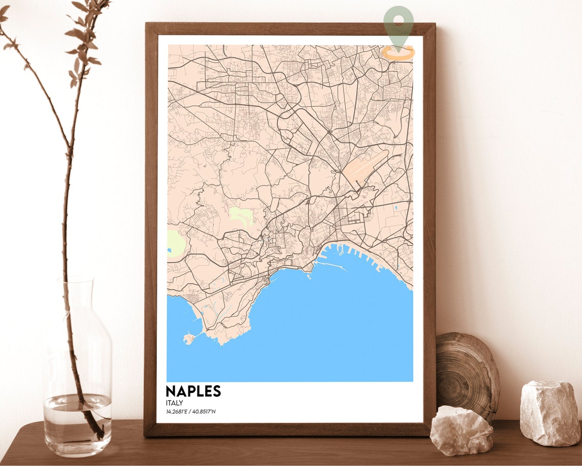 Naples Italy Vintage Pastel Blue Bay Coastal City Map Poster