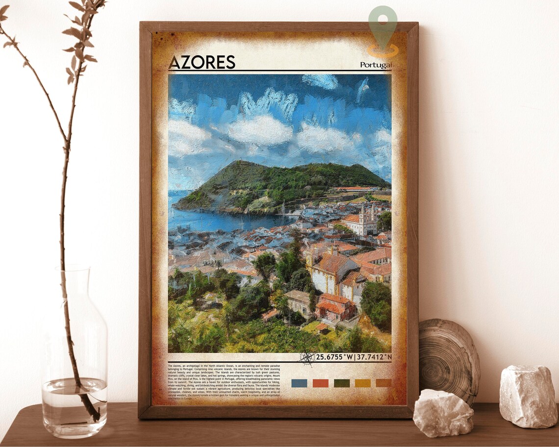 Azores Portugal Atlantic Island Harbor Town Green Hills Travel Poster - Image 6