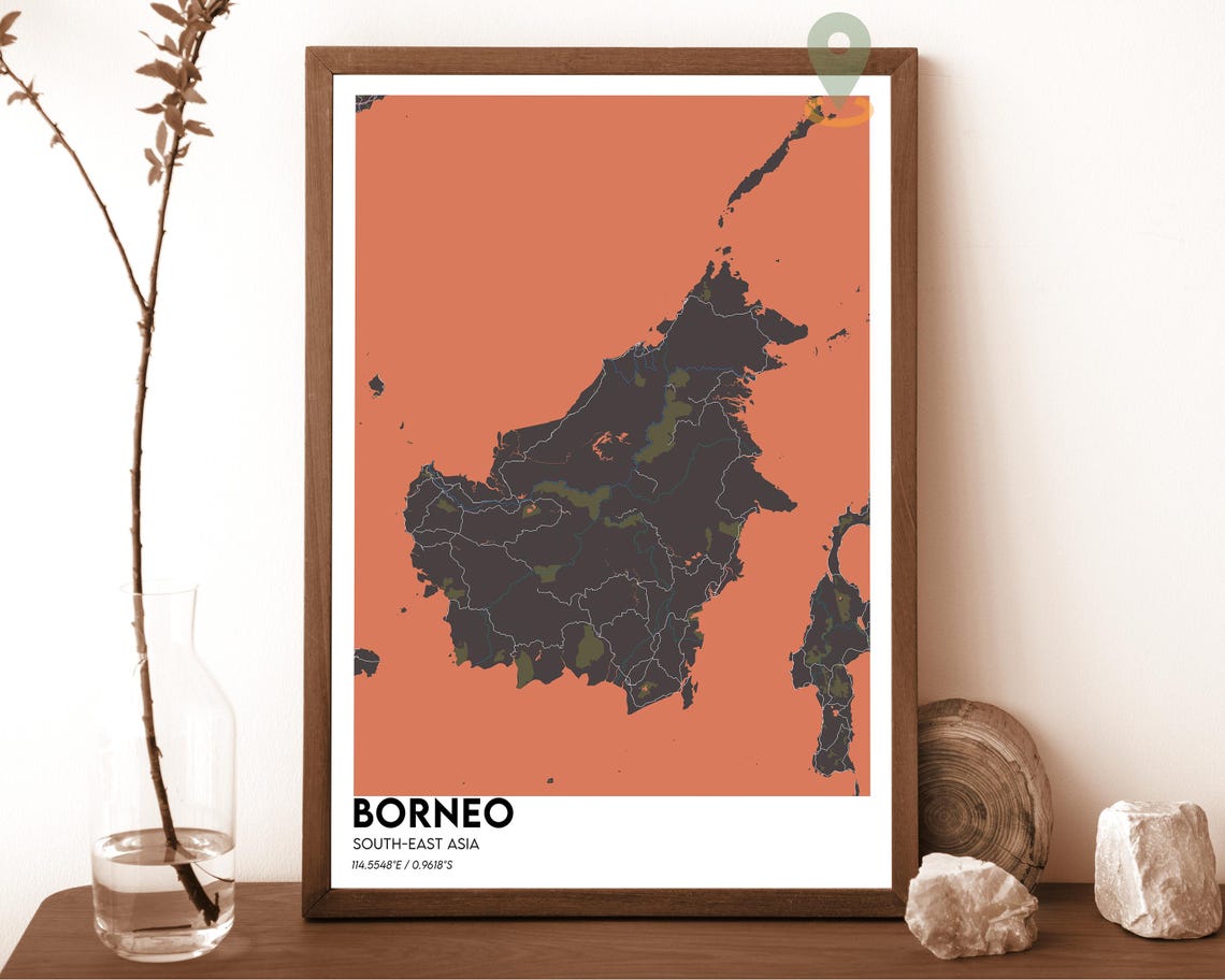 Borneo Southeast Asia Bold Golden Yellow Island Map Art Poster - Image 2