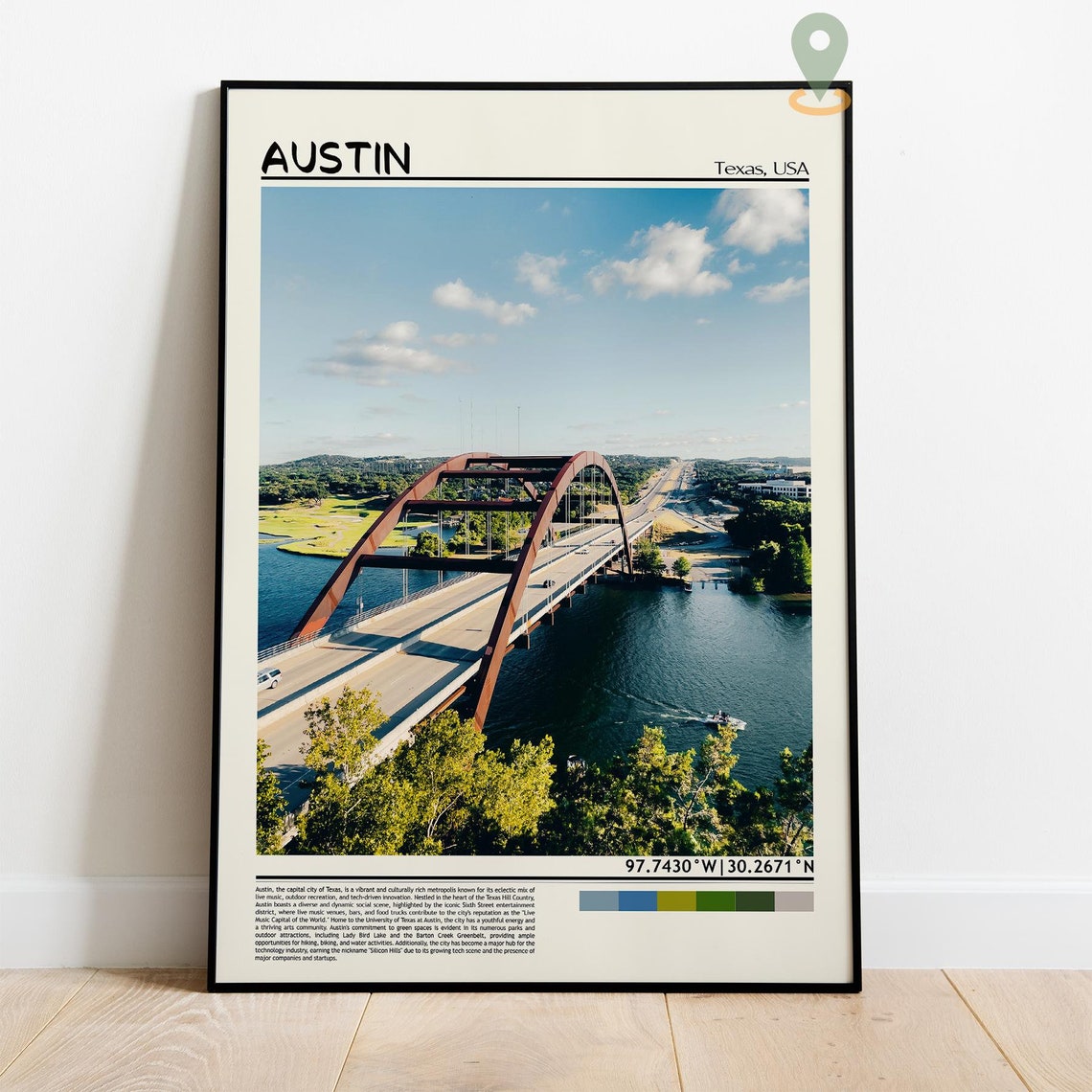 Austin Texas Pennybacker Bridge Aerial River Cityscape Travel Poster - Image 2