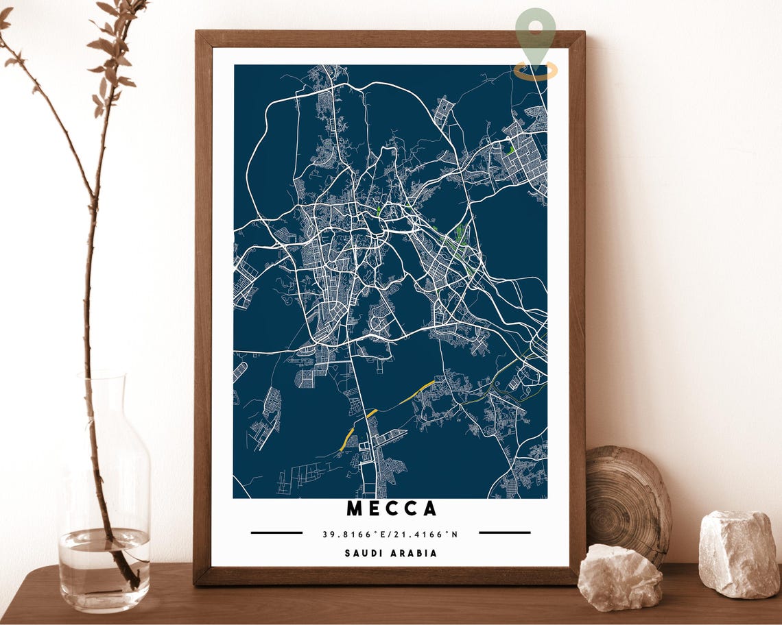 Mecca Saudi Arabia City Map Dark Navy Modern Street Grid Wall Poster