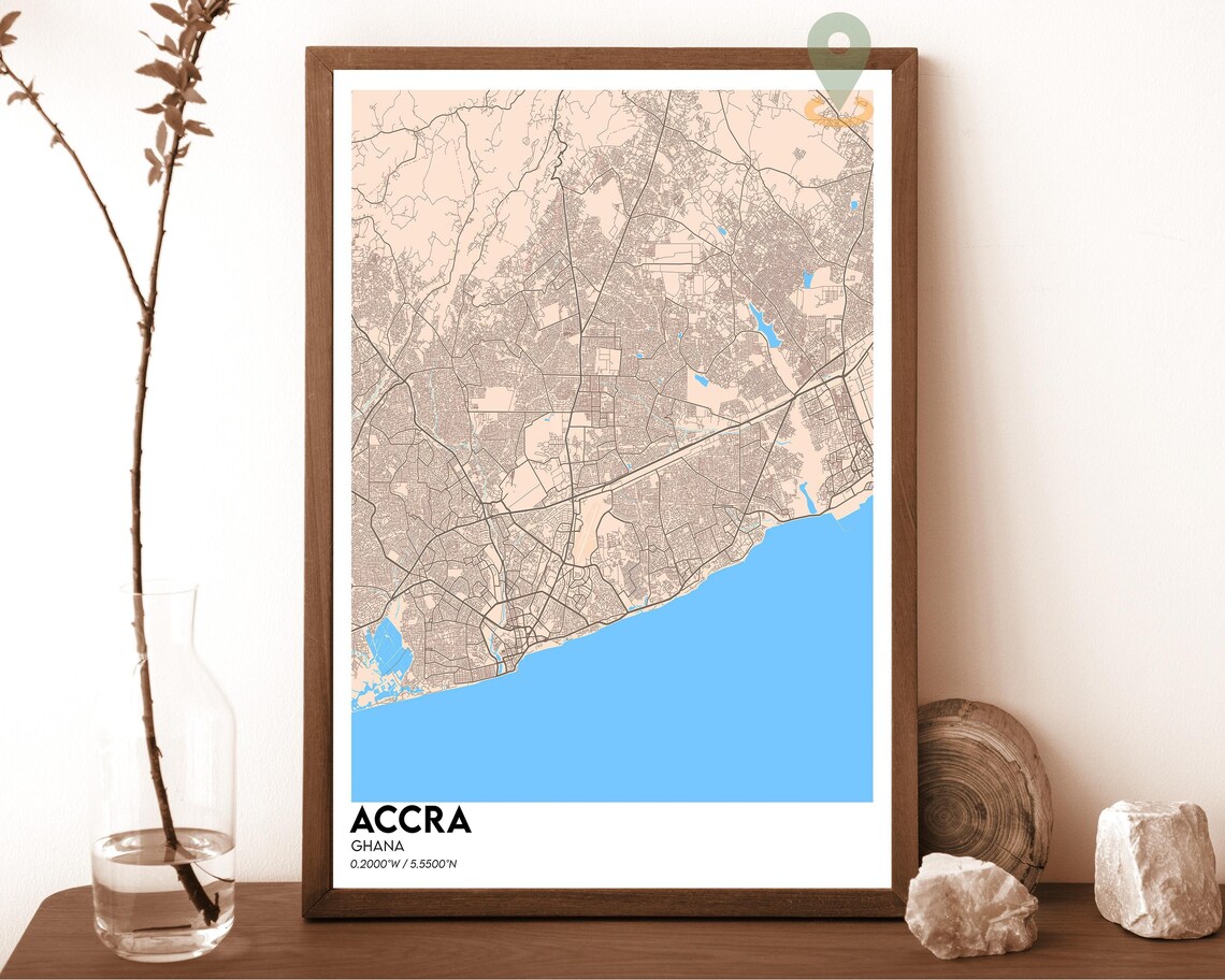 Accra Ghana Vibrant Dark City Map Bright Cyan Coast Art Poster - Image 5