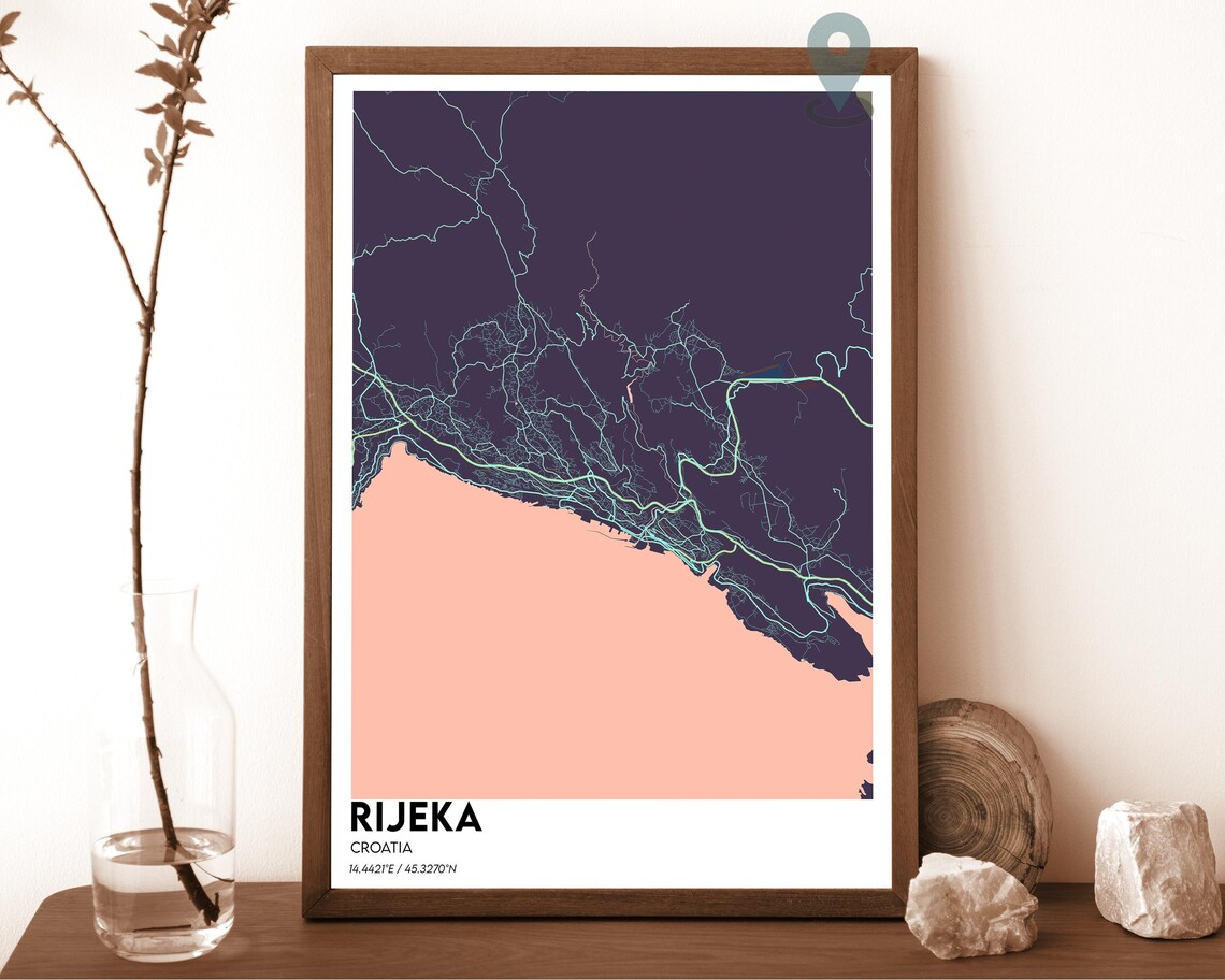 Rijeka Croatia Golden Yellow Navy Coastal City Map Home Decor Poster - Image 5
