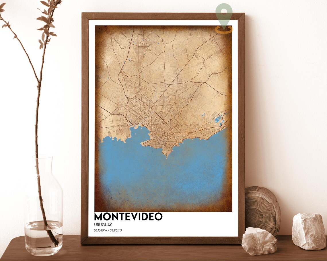 Montevideo Uruguay navy with a gold coastline Street Map Coordinates Poster - Image 2