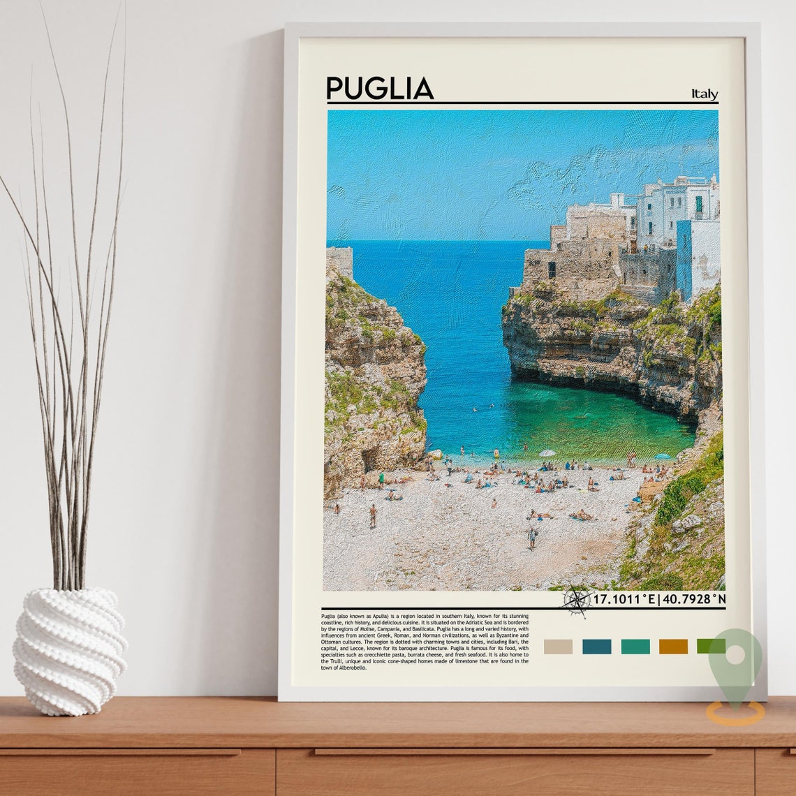 Puglia Italy Turquoise Cove Cliffside Beach Whitewashed Town Poster - Image 5