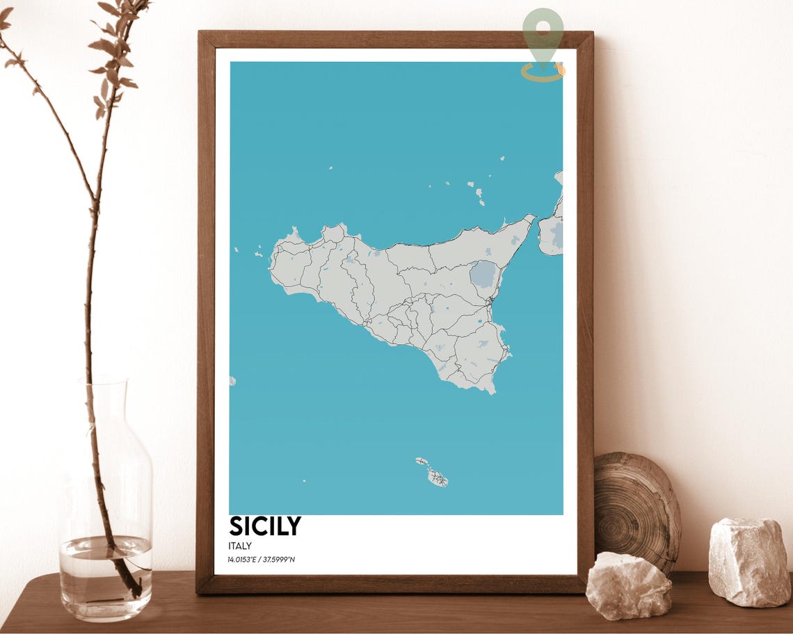 Sicily Italy Island Map Navy on Mustard Yellow Graphic Poster - Image 3