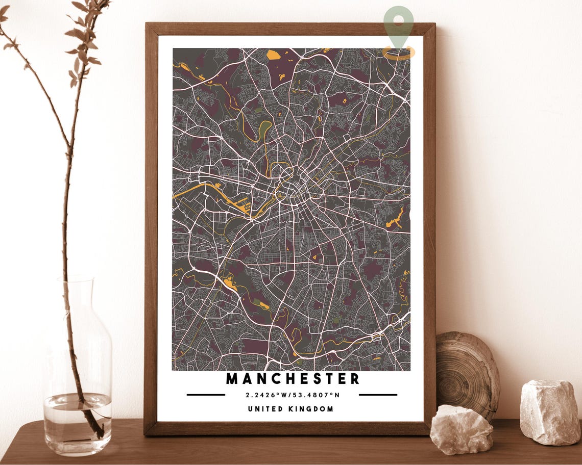 Manchester United Kingdom City Map Dark Modern Amber Street Art Poster