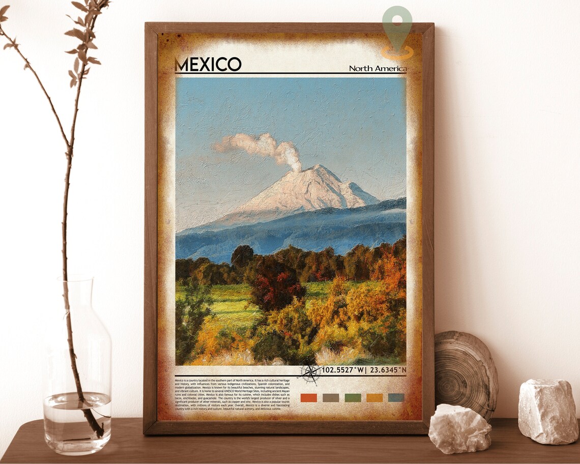 Mexico Smoking Volcano Autumn Hills Painted Landscape Travel Poster - Image 6