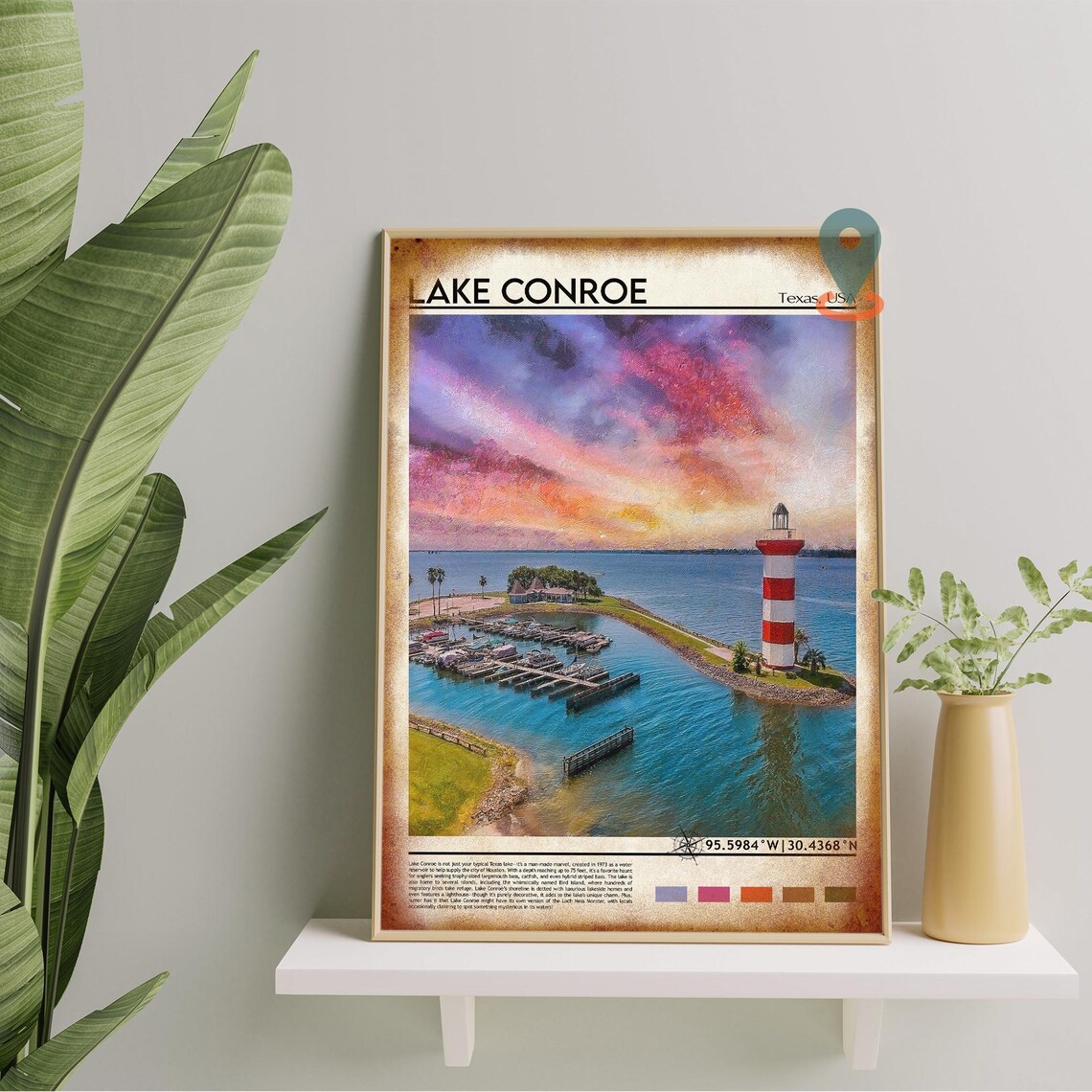 Lake Conroe Texas Sunset Marina Lighthouse Oil Painting Travel Poster - Image 3