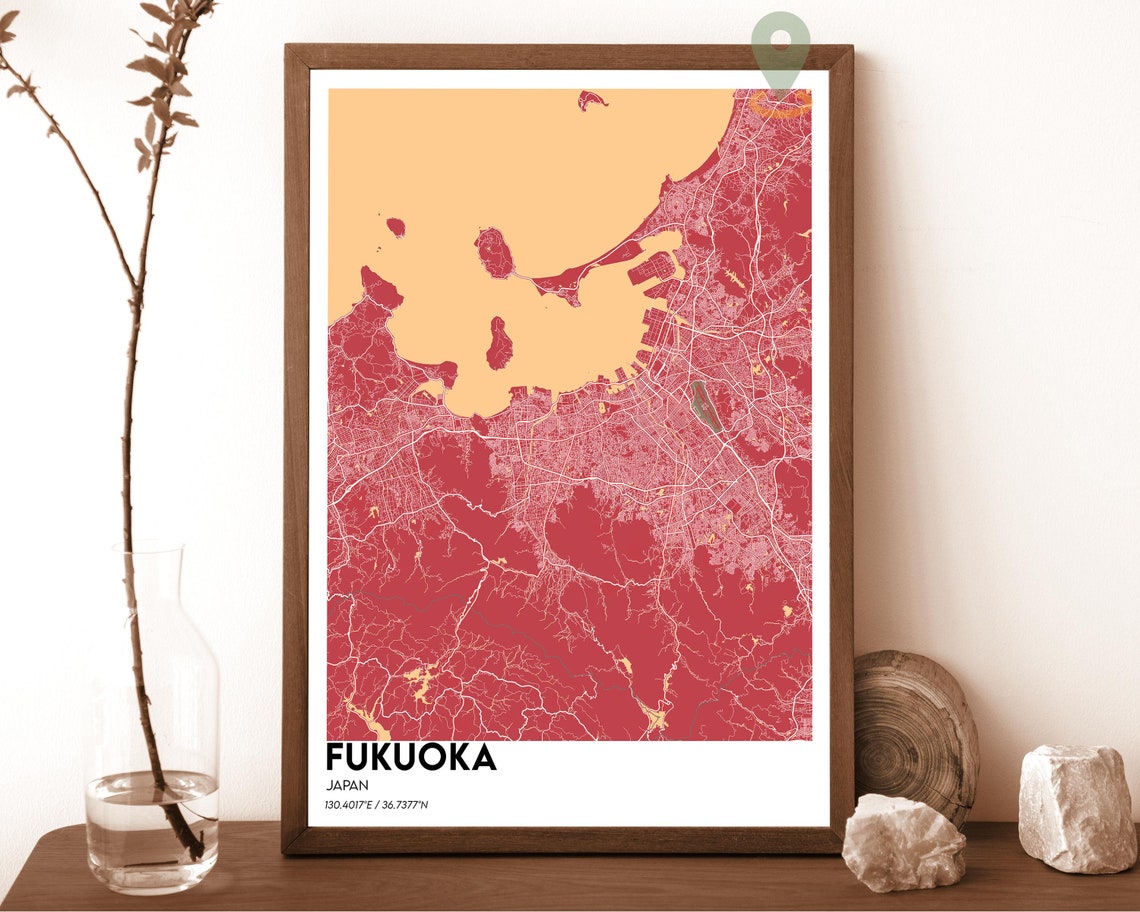 Fukuoka Japan Light Grey Blue Bay City Map Home Decor Poster - Image 3