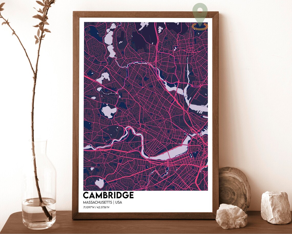 Cambridge Massachusetts Street Map Charles River Magenta Cream Art Print - Image 2