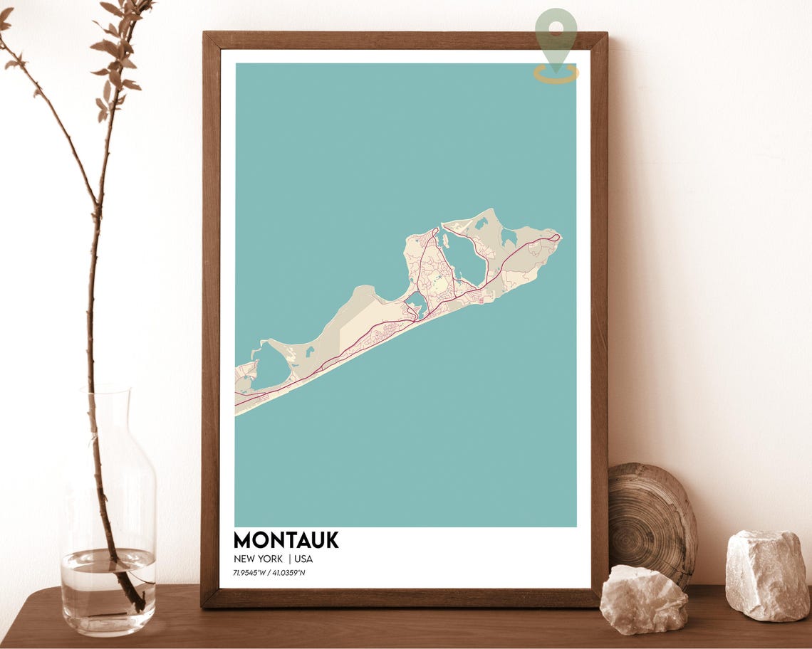 Montauk New York Minimal Teal Peninsula Coast Map Art Poster