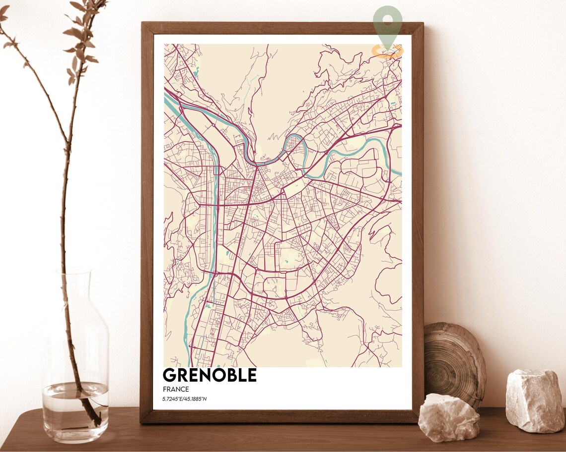 Grenoble France Burgundy Cream Street Grid Map Home Decor Poster