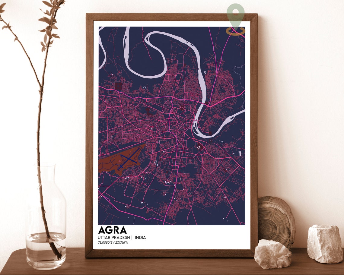 Agra India City Map Dark Yamuna River Taj City Street Map Poster - Image 6