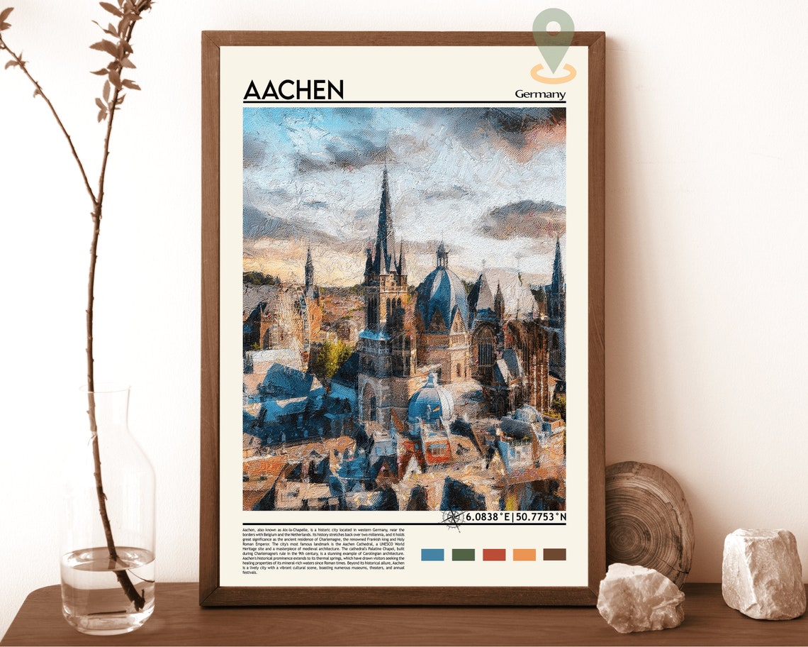 Aachen Germany Cathedral Domes Watercolor Travel Poster Europe