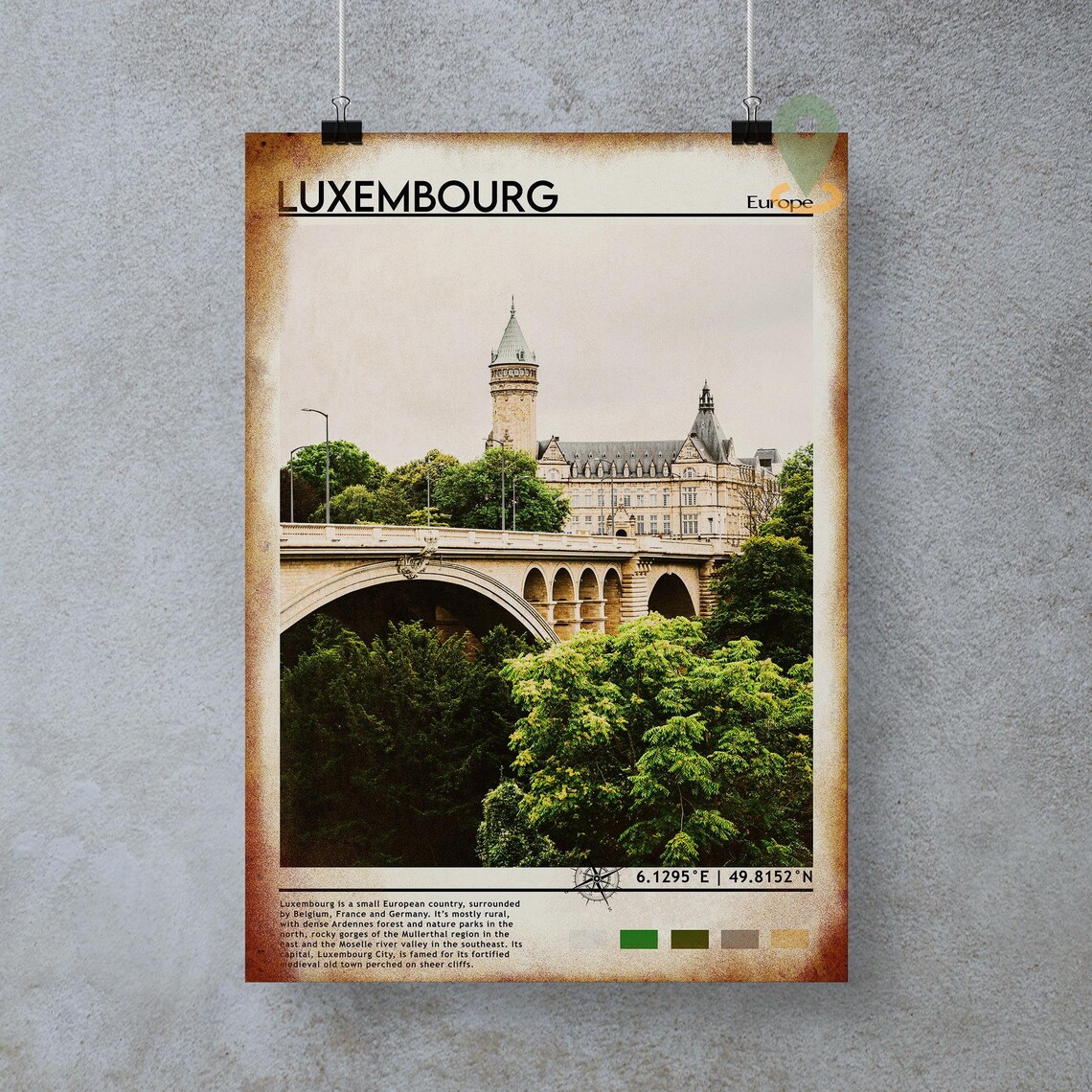 Luxembourg Europe Stone Bridge Palace Green Trees City Poster - Image 2