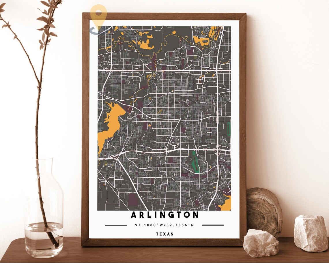 Arlington Texas charcoal with orange highlights Street Map Coordinates Poster