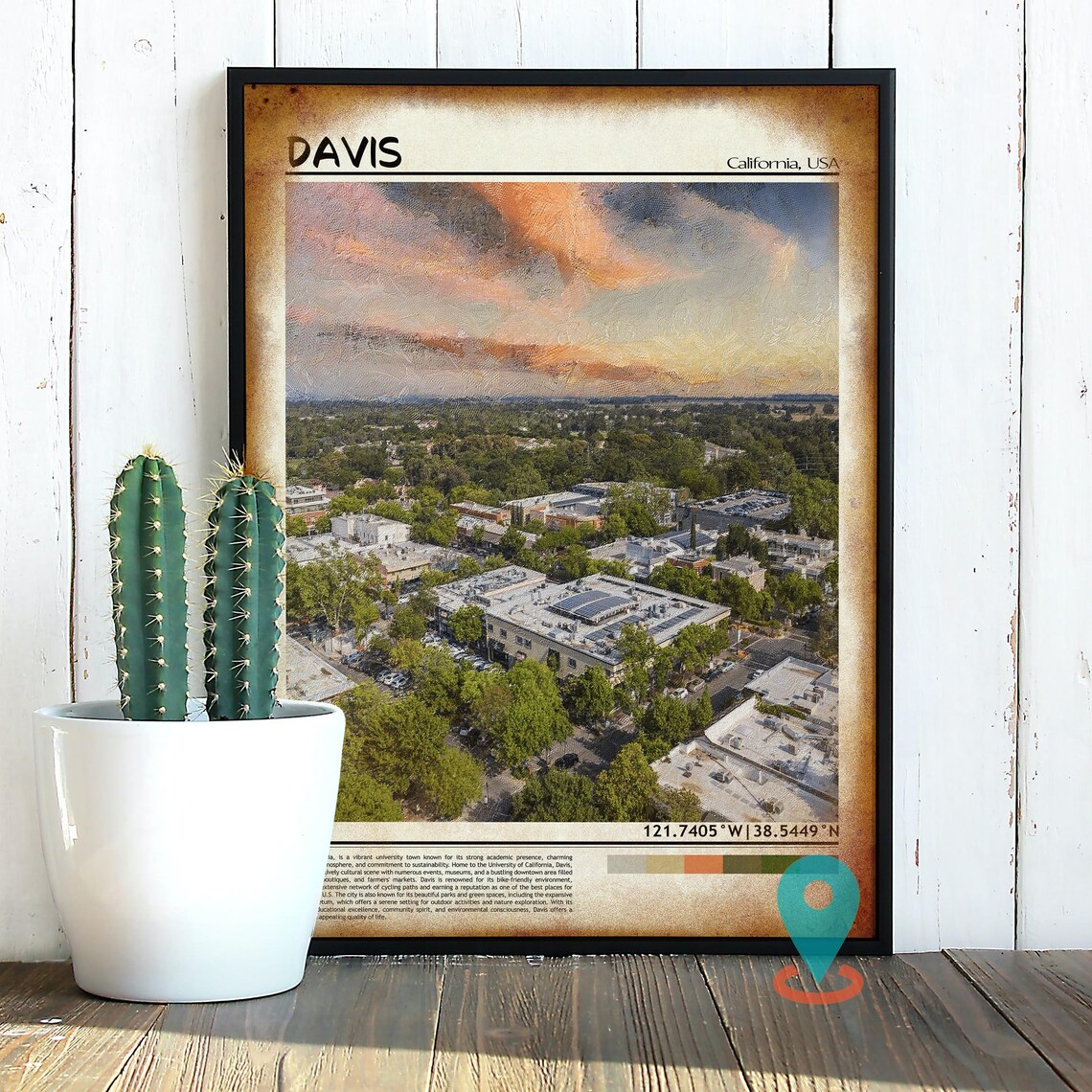 Davis California University Town Aerial Sunset Panorama Travel Print - Image 2