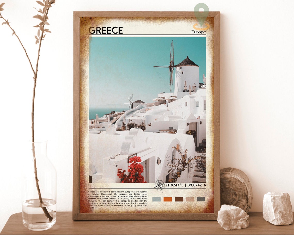 Santorini Greece Whitewashed Village and Windmill Aegean Travel Poster - Image 6