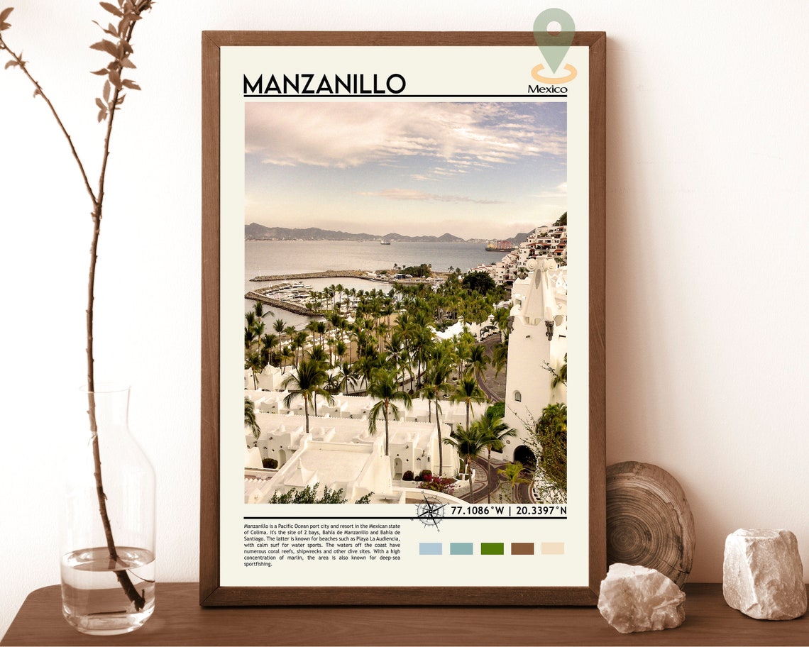 Manzanillo Mexico Marina Palm Trees Pacific Coast Travel Poster