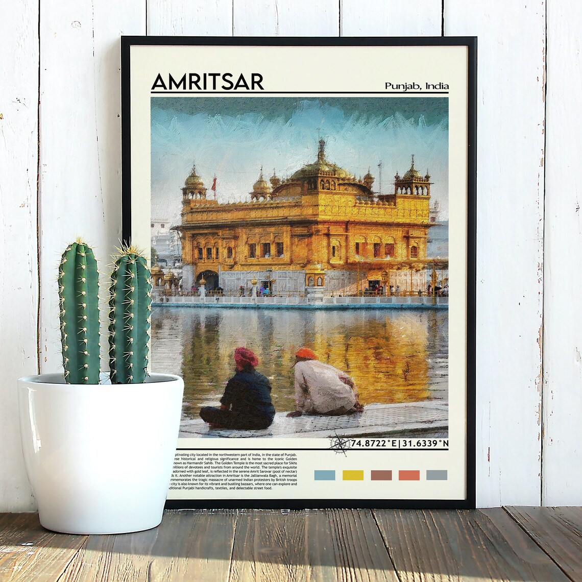 Amritsar India Golden Temple Reflection Painting Travel Poster - Image 3