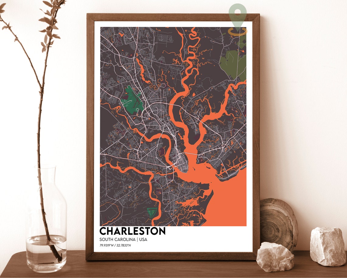 Charleston South Carolina Dark Marsh Waterways City Map Poster