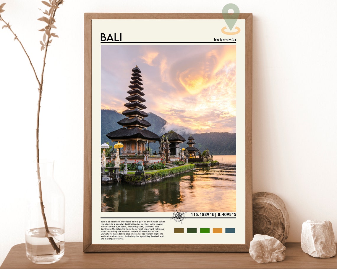 Bali Indonesia Temple Sunset Lake Reflection Tropical Travel Poster
