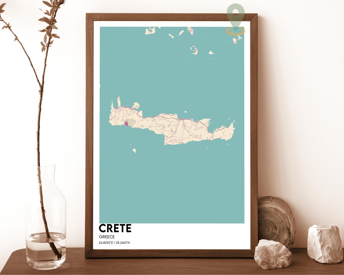 Crete Greece Minimalist Island Map Art Cyan Dark Modern Wall Decor Poster - Image 5