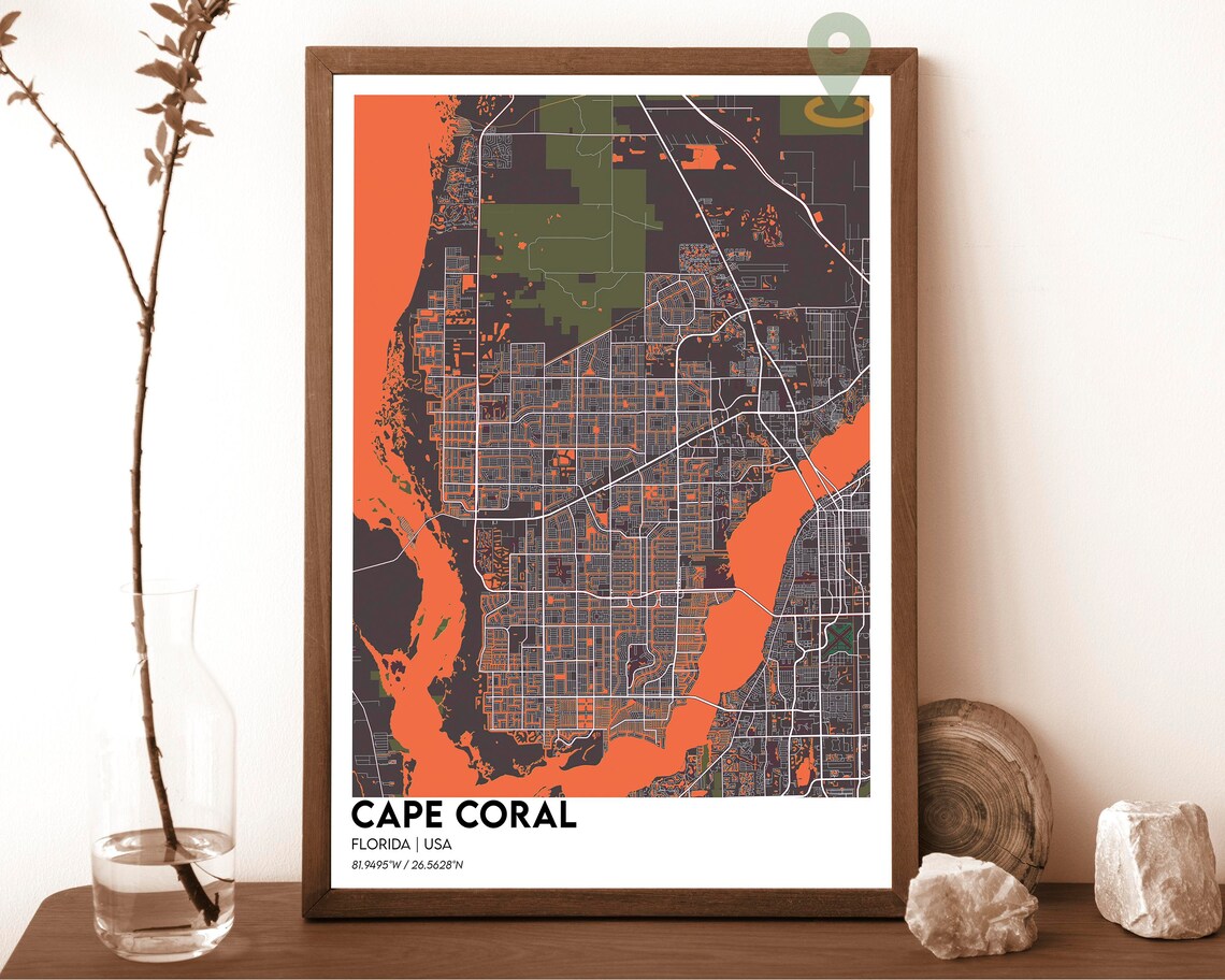 Cape Coral Florida City Map Poster Navy Yellow Coastal Art Style - Image 4