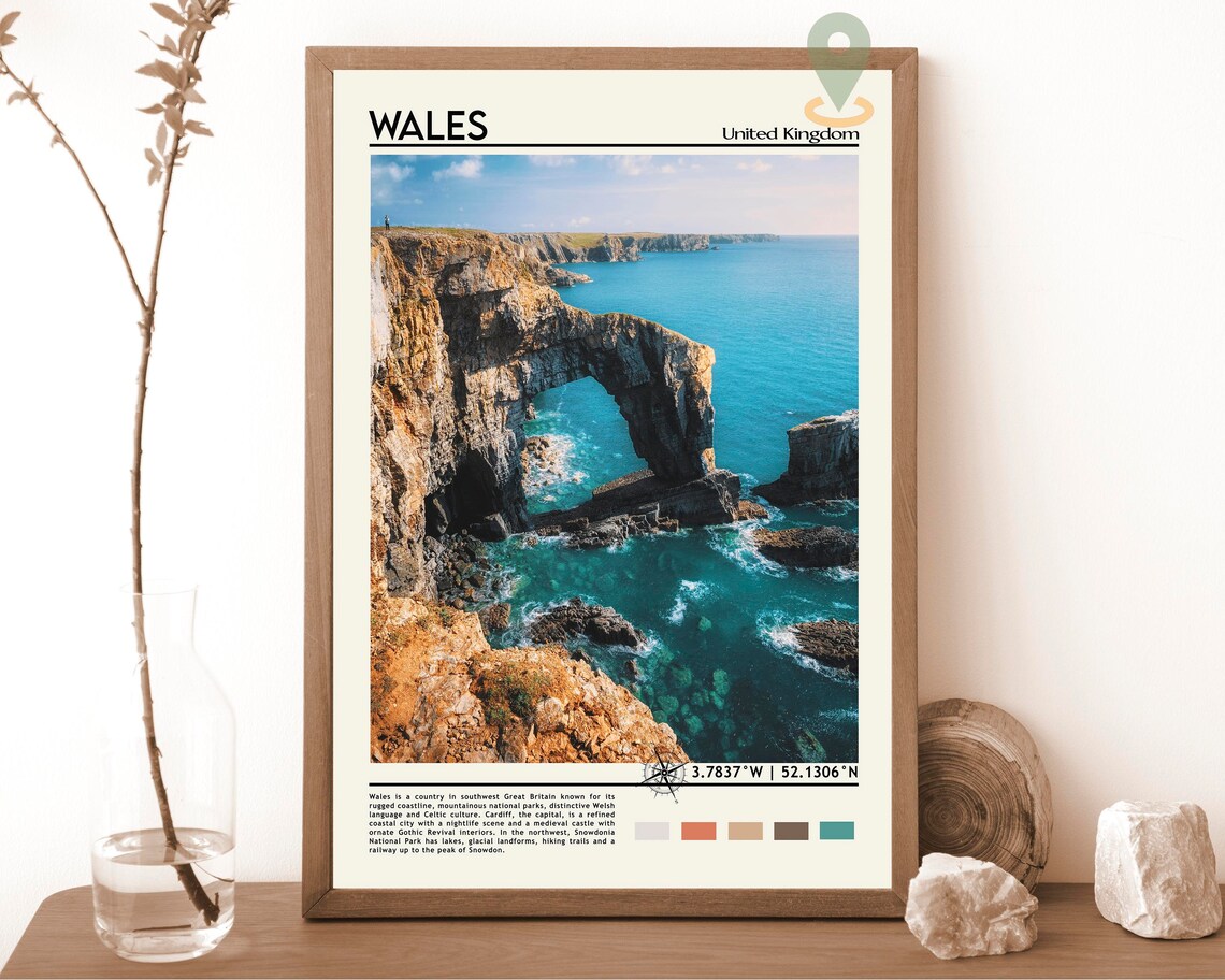 Wales United Kingdom Coastal Sea Arch Rugged Cliffs Travel Poster