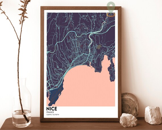 Nice France Purple Mint Street Map Riviera Coastal Art Poster