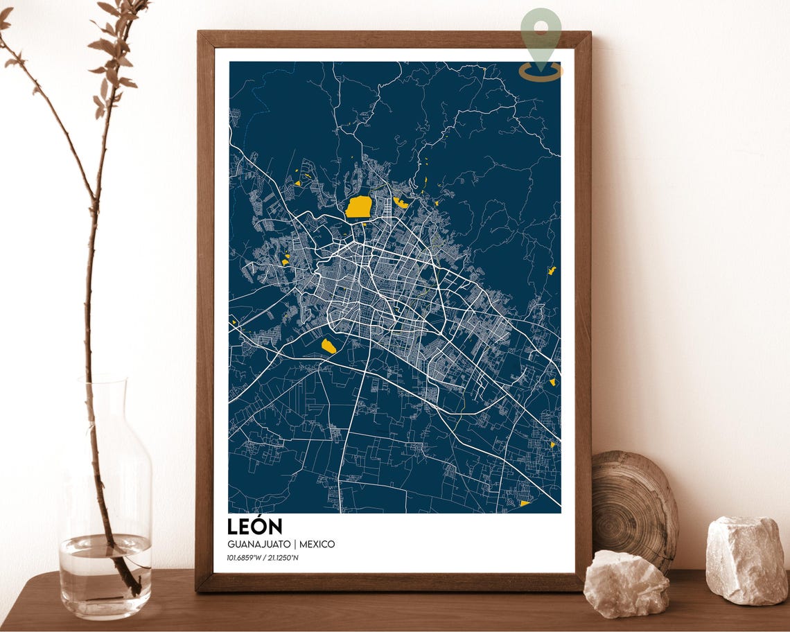 Leon Guanajuato Mexico Deep Red Bold City Map Framed Decor Poster - Image 2