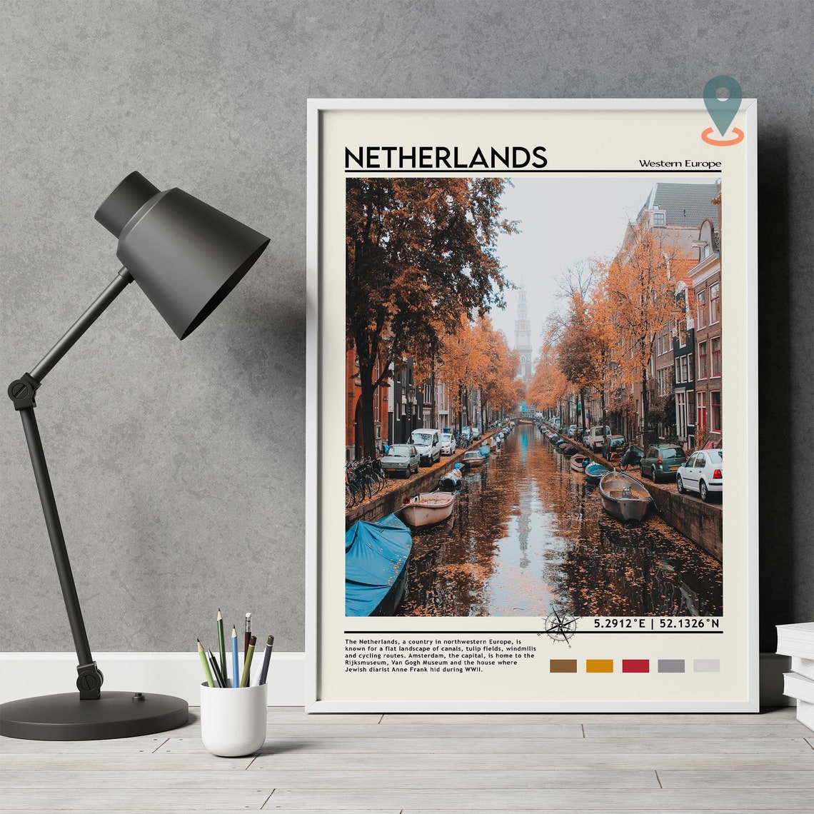 Netherlands Autumn Canal Boat Scene Vintage Travel Art Poster - Image 3