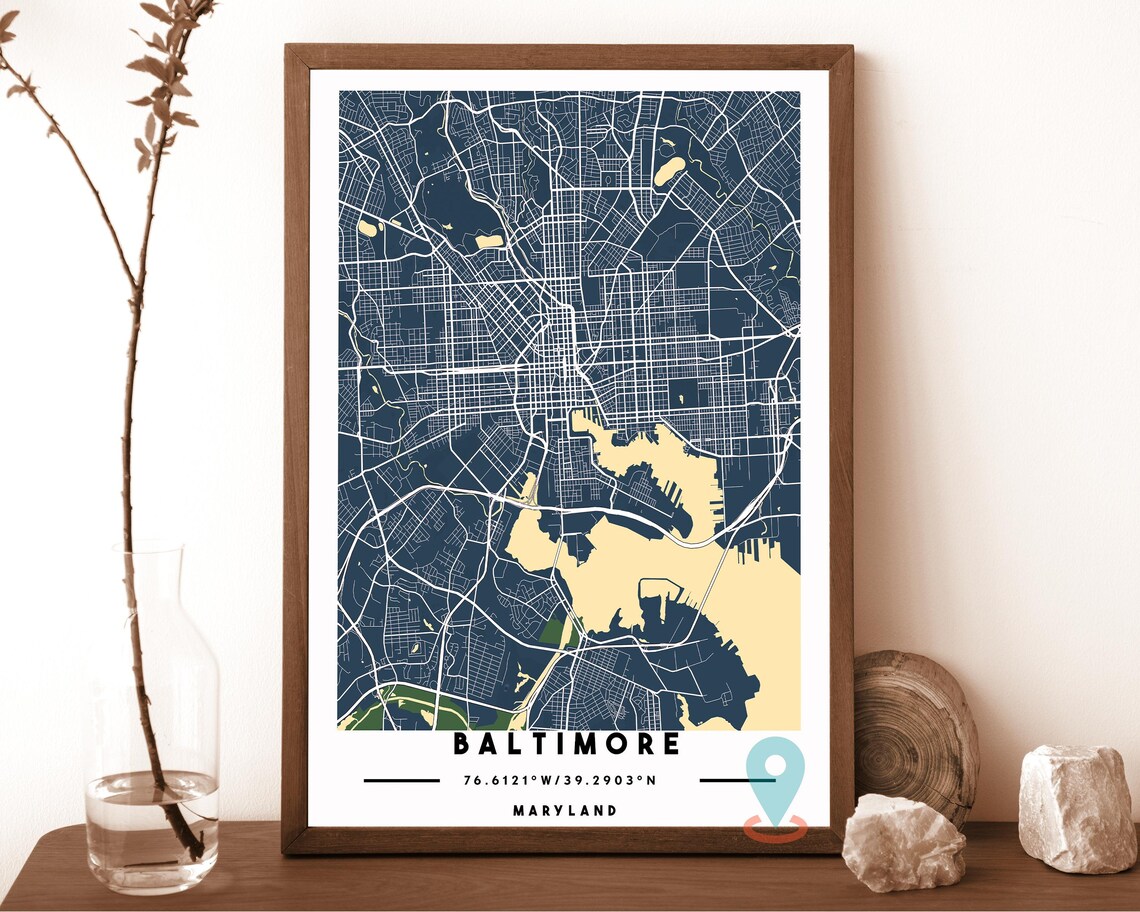 Baltimore Maryland teal with an orange harbor Street Map Coordinates Poster - Image 6