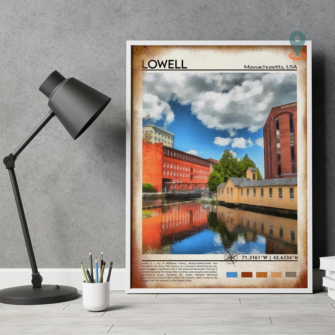 Lowell Massachusetts Historic Mill Town City Skyline Travel Print - Image 4