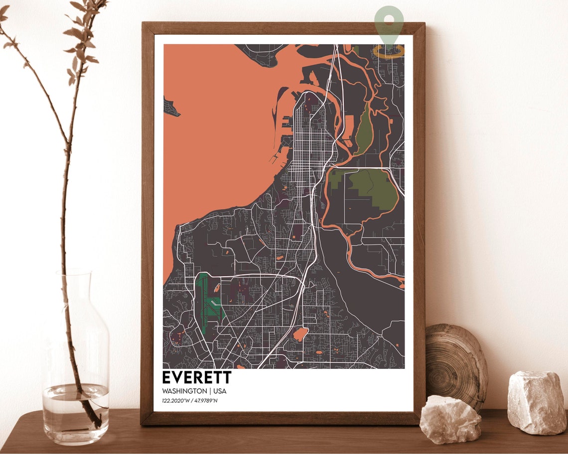Everett Washington Dark Blue Street Map Bright Ocean City Poster - Image 4