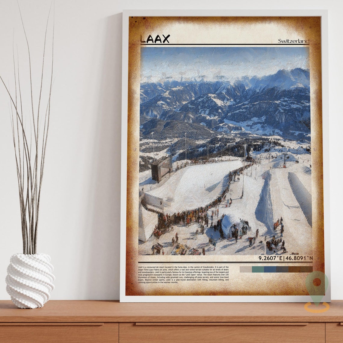 Laax Switzerland Snowy Alpine Panorama Crowded Snowpark Poster - Image 3