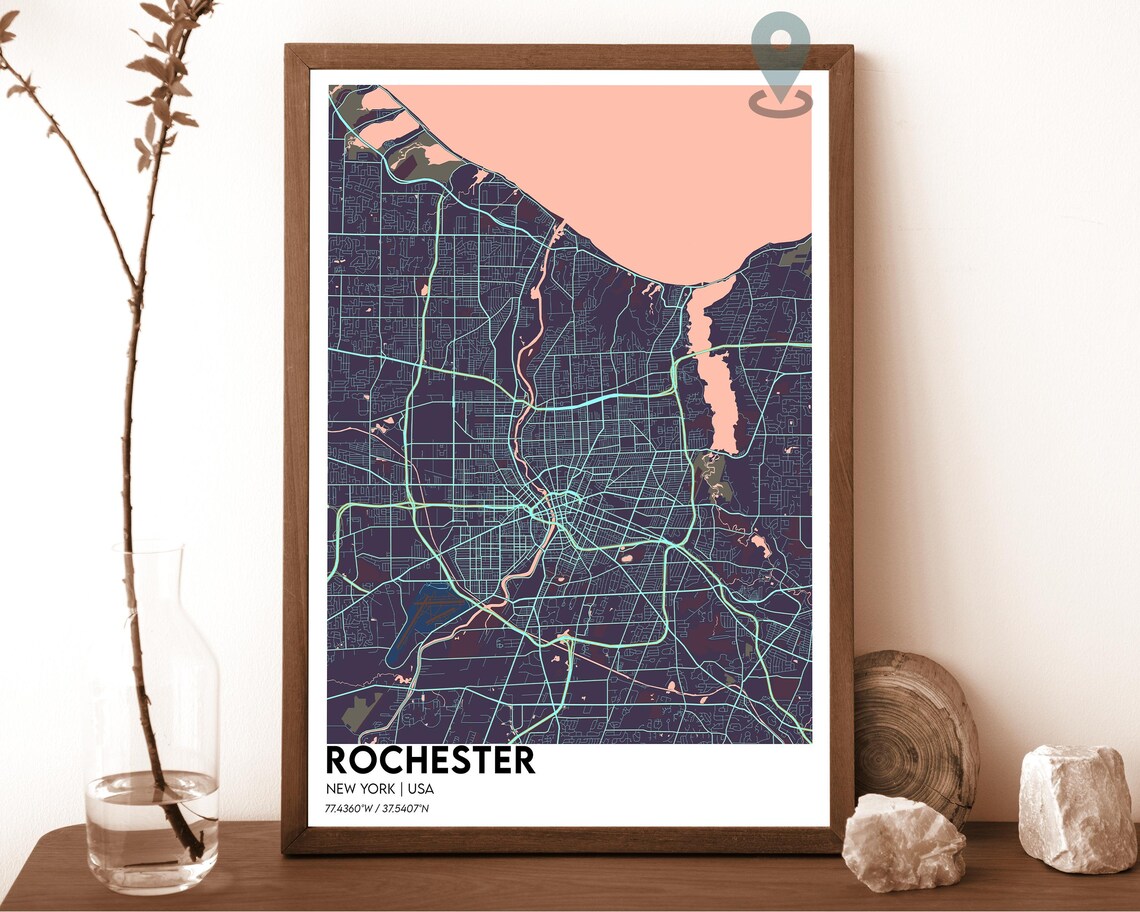 Rochester New York Navy Blue Golden Lake City Map Home Decor Poster - Image 3